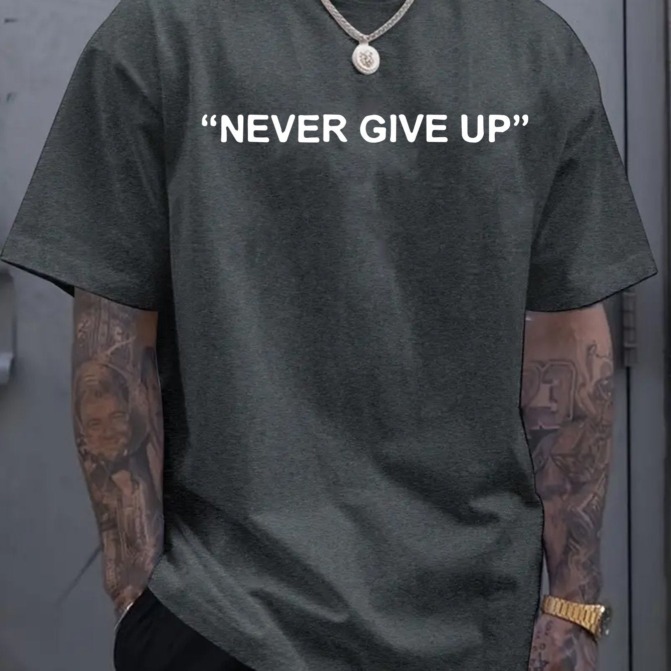 1pc of "Never Give Up" Printed T-Shirt - Men'S Round Neck Short Sleeved Shirt, Casual All Season Knitted Fabric, Slightly Elastic, Breathable And Suitable for Adult Multifunctional Design