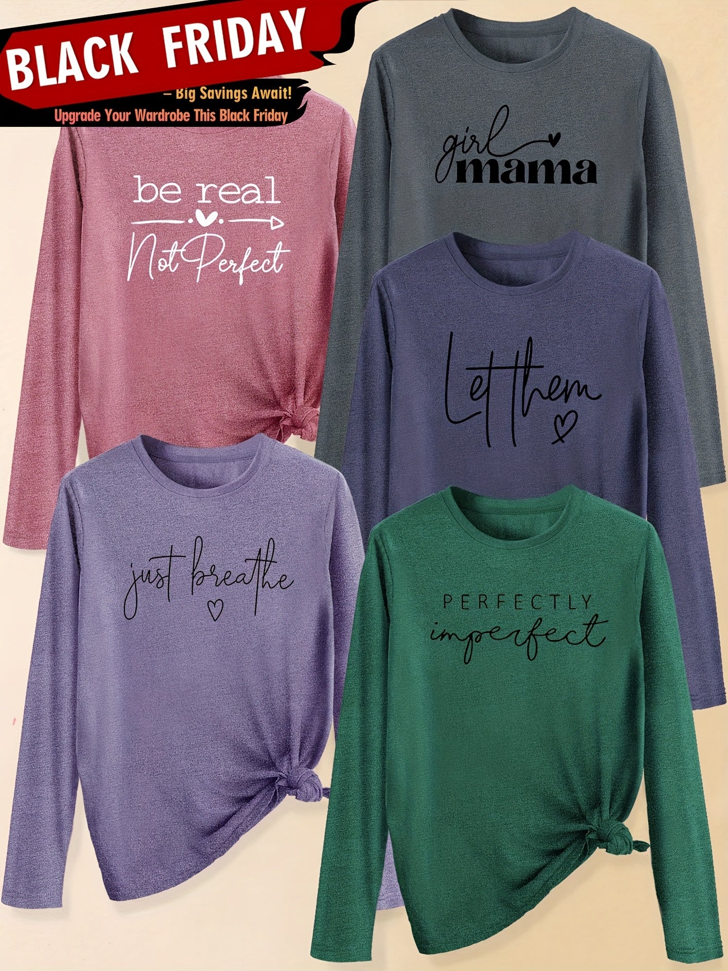 A Set of Five Women'S Long-Sleeve T-Shirts with Heart Letters, Featuring Slogan Prints And a Round Neck, Suitable for Spring, Summer, Autumn, And Winter. This Stylish And Versatile Top Is Perfect for Casual, Elegant, And Retr