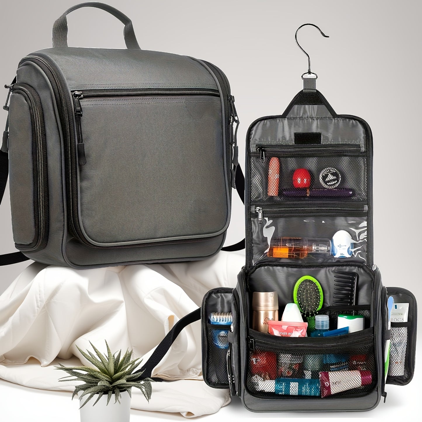 Large Toiletry Bag for Men and Women - Black with Metal Rotating Hook, 19 Compartments for Hygiene Products, Cosmetics, Makeup, Travel Organizer | Durable Zipper