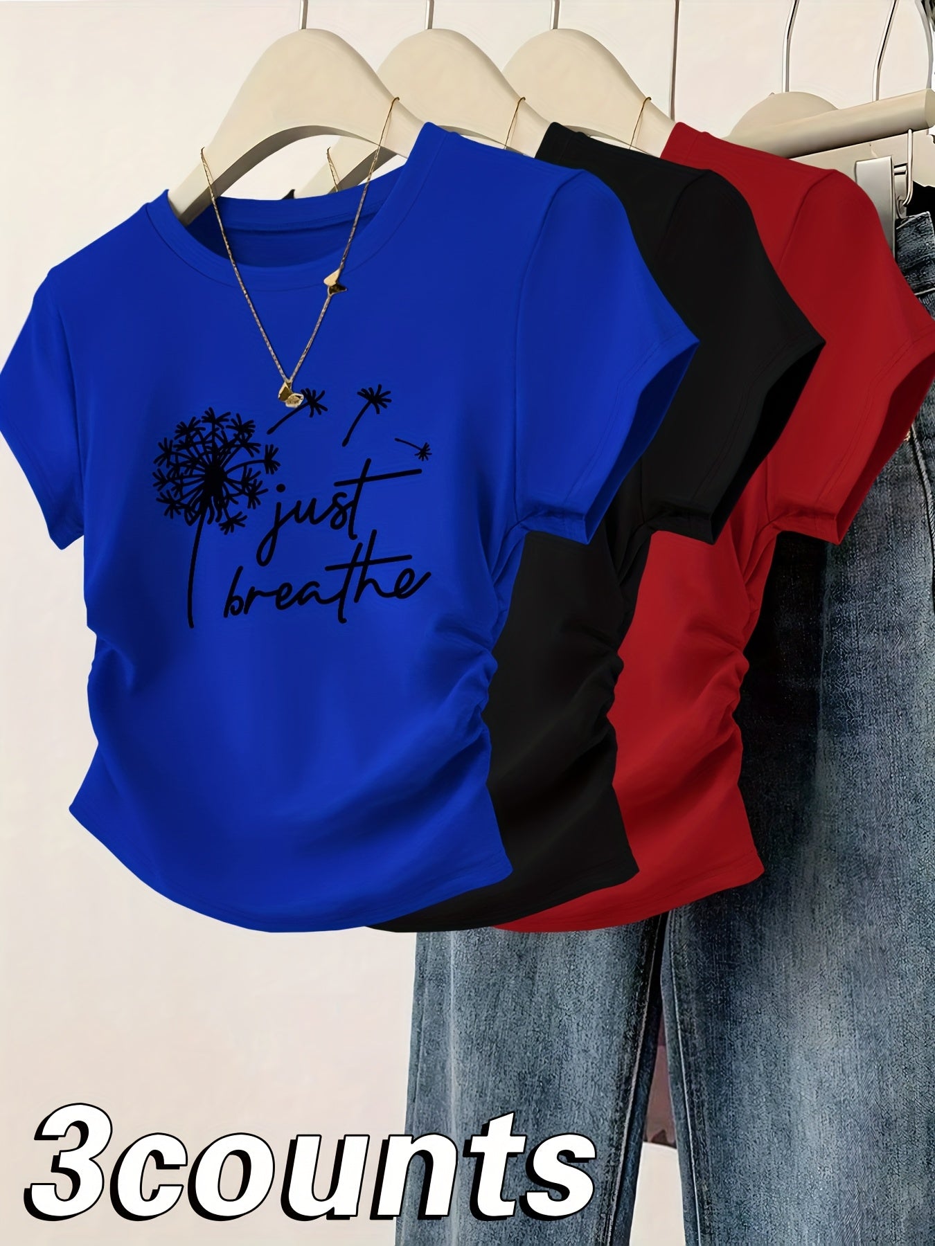 3pcs Women's Slim Fit Cinched Waist Pleated Short Sleeve T-Shirts - Geometric Print Round Neck Casual Tees, Red Grey Blue, Machine Washable Spring Summer Tops, Ladies T Shirts, Everyday Fashion, Smooth Texture Fabric, Seasona