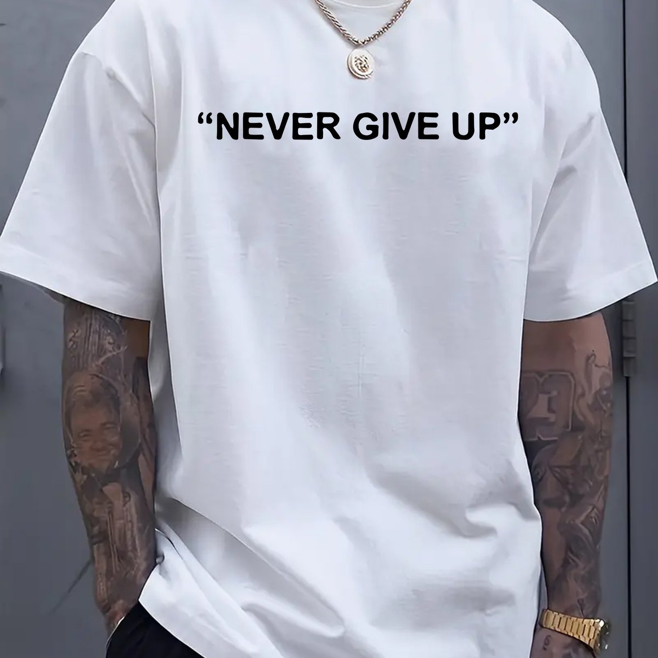 1pc of "Never Give Up" Printed T-Shirt - Men'S Round Neck Short Sleeved Shirt, Casual All Season Knitted Fabric, Slightly Elastic, Breathable And Suitable for Adult Multifunctional Design