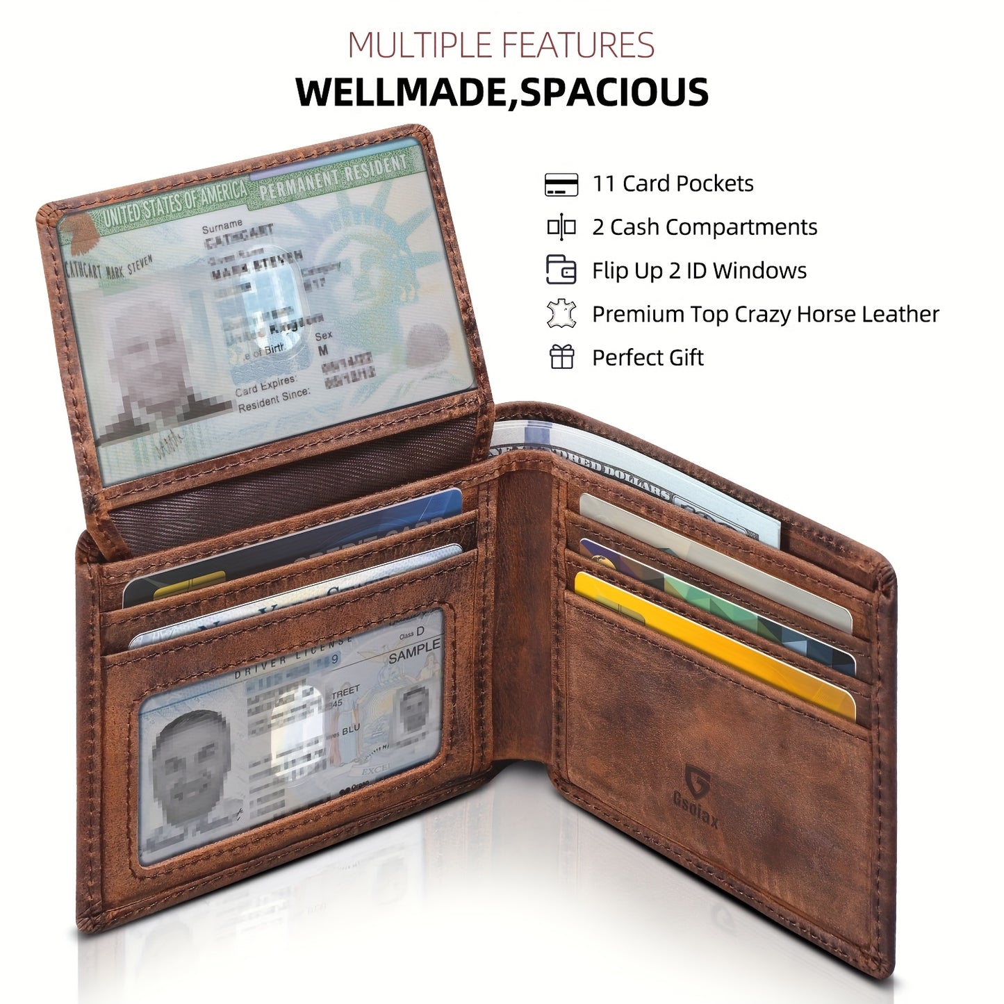 Handcrafted Vintage Bifold Wallet for Men - GSOIAX Premium Crazy Horse Faux Leather | 11 Card Slots + 2 ID Compartments + 2 Cash Sections | RFID Protection | Perfect Gift