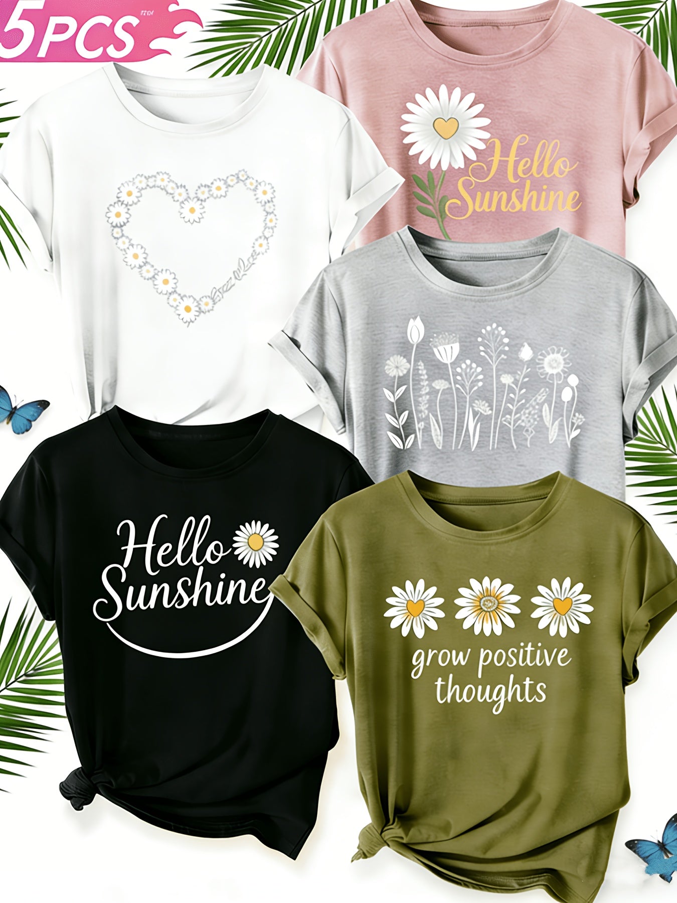 [Mother's Day Gift] 5pcs Set, 100% Breathable Women's Round-neck Printed T-shirt,. An Elegant And Casual Outfit, Comfortable And Breathable for Commuting, Suitable As A Gift for Your Wife Or Mother.