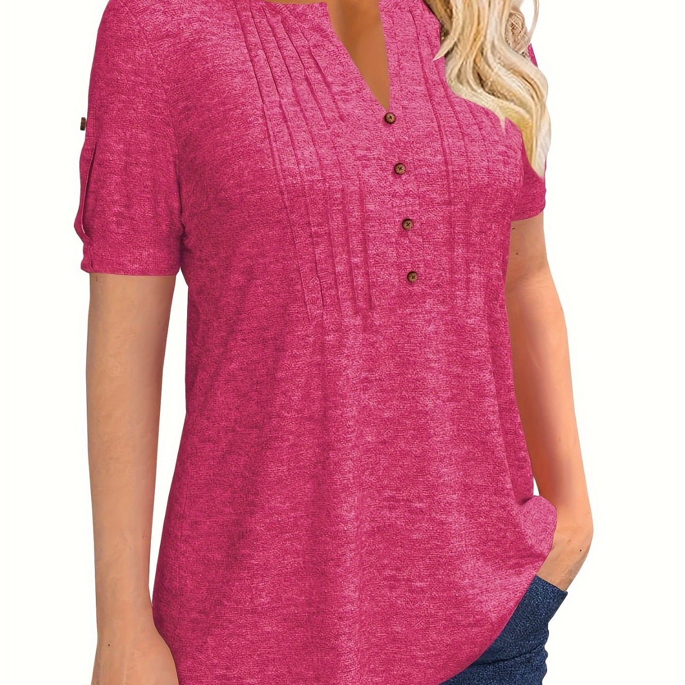 Women's Summer Casual V Neck Button Short Sleeve T Shirt