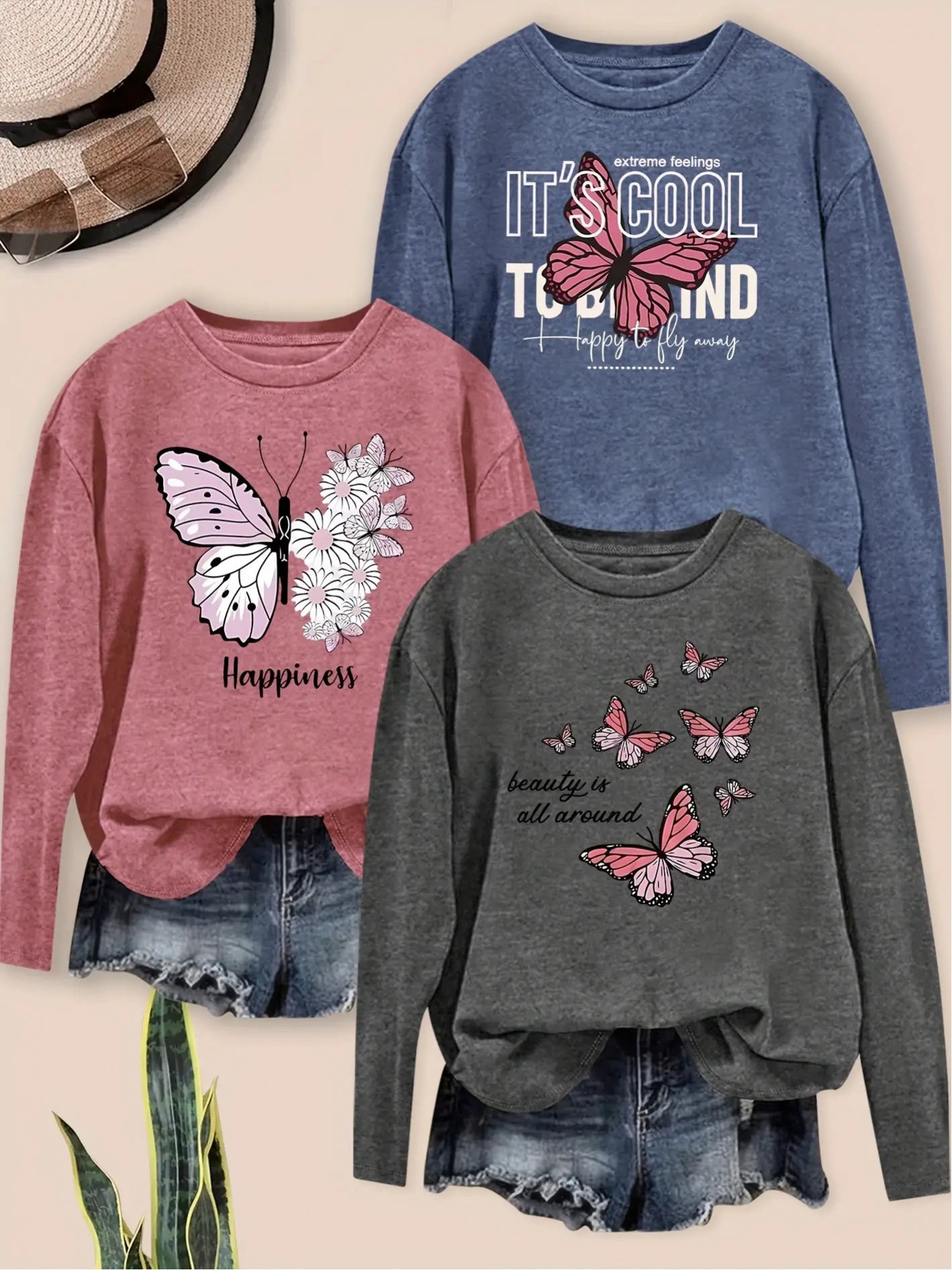 3pcs Fashion Romantic Colorful Butterfly Flower Print Pattern Round Neck Elegant Women's Long Sleeve T-Shirt Casual Style Spring Summer Autumn Winter Commuting Daily Versatile Retro Style Top Set Sister Outfit Family Outfit M