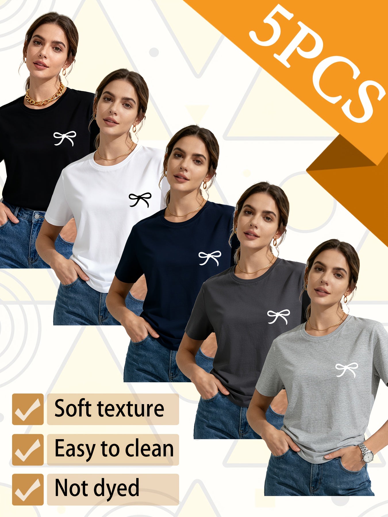 Set of 5 Trendy Women'S T-Shirts Suitable for All Seasons, Featuring Colorful Short Sleeves And a Playful Small Logo with a Bow. This Pack of Casual Tees, Made from 100% Pure