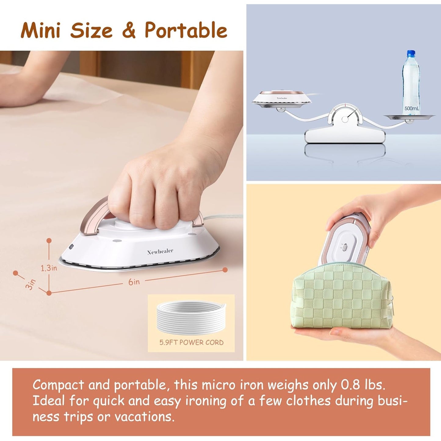 NEWBEALER Dual Voltage Travel Iron 120V 220V With Spray Bottle