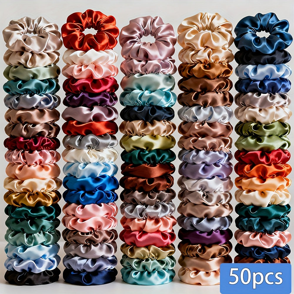 50 Satin Scrunchies | Elegant Hair Ties, Soft & Vibrant Colors, Mixed Color Set for Christmas