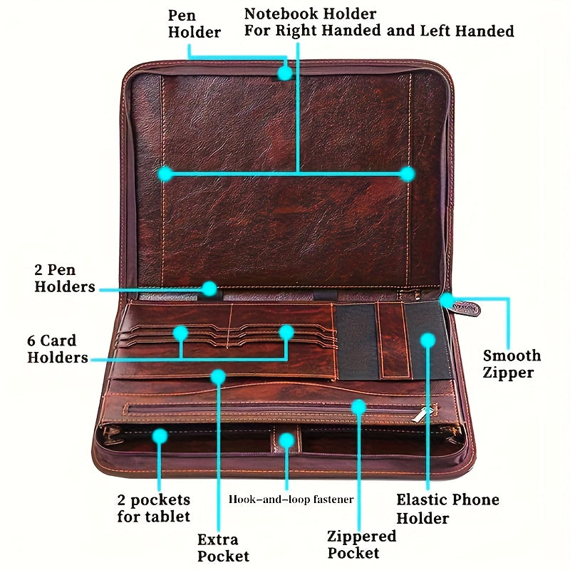 Zippered Business Organizer with 12.9" Tablet Sleeve And 7" Phone Pocket, Dark Brown Resume File Folder for Men And Women, Document Storage | Stylish Design| Secure Zipper Closure, Gift, Christmas