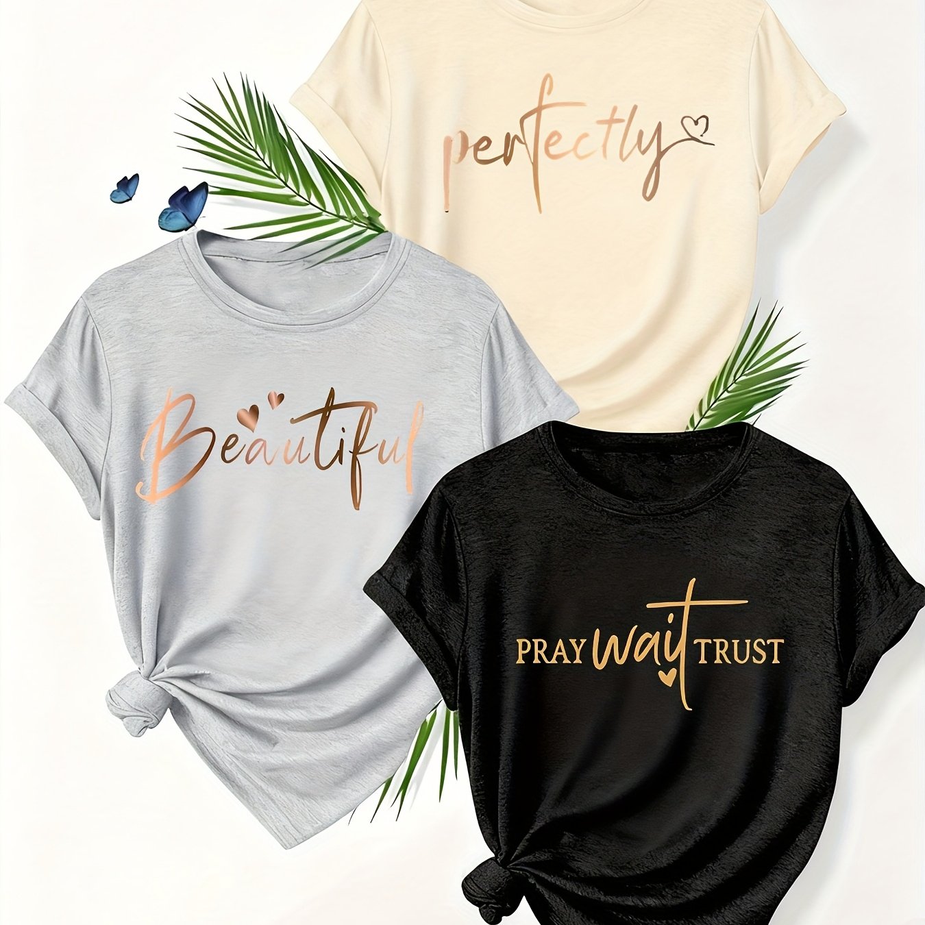 Alphabet Print Womens T Shirts Crew Neck Three Piece Set