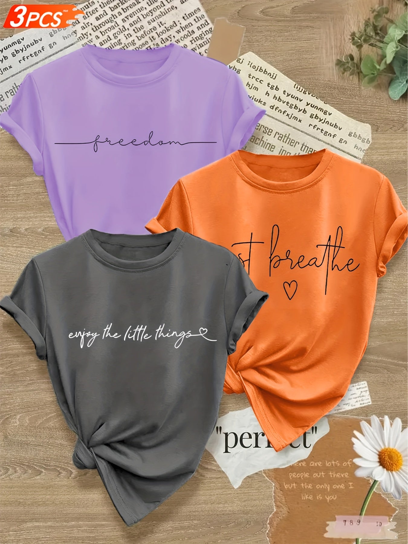 3pcs Casual T-Shirt for Women, Round Neck, Medium-Stretch Fabric, with Alphabet Pattern Prints, Suitable for Spring And Summer Wear- Size S-XXL