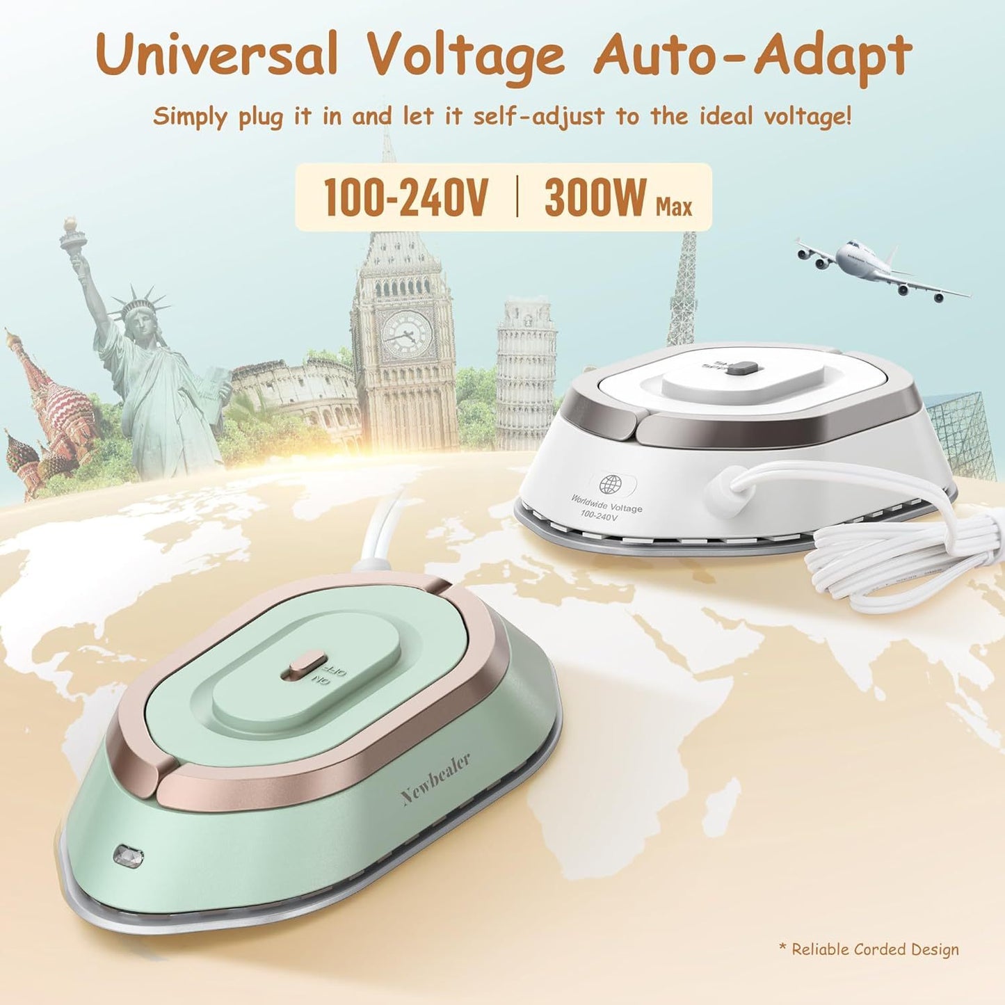 NEWBEALER Dual Voltage Travel Iron 120V 220V With Spray Bottle