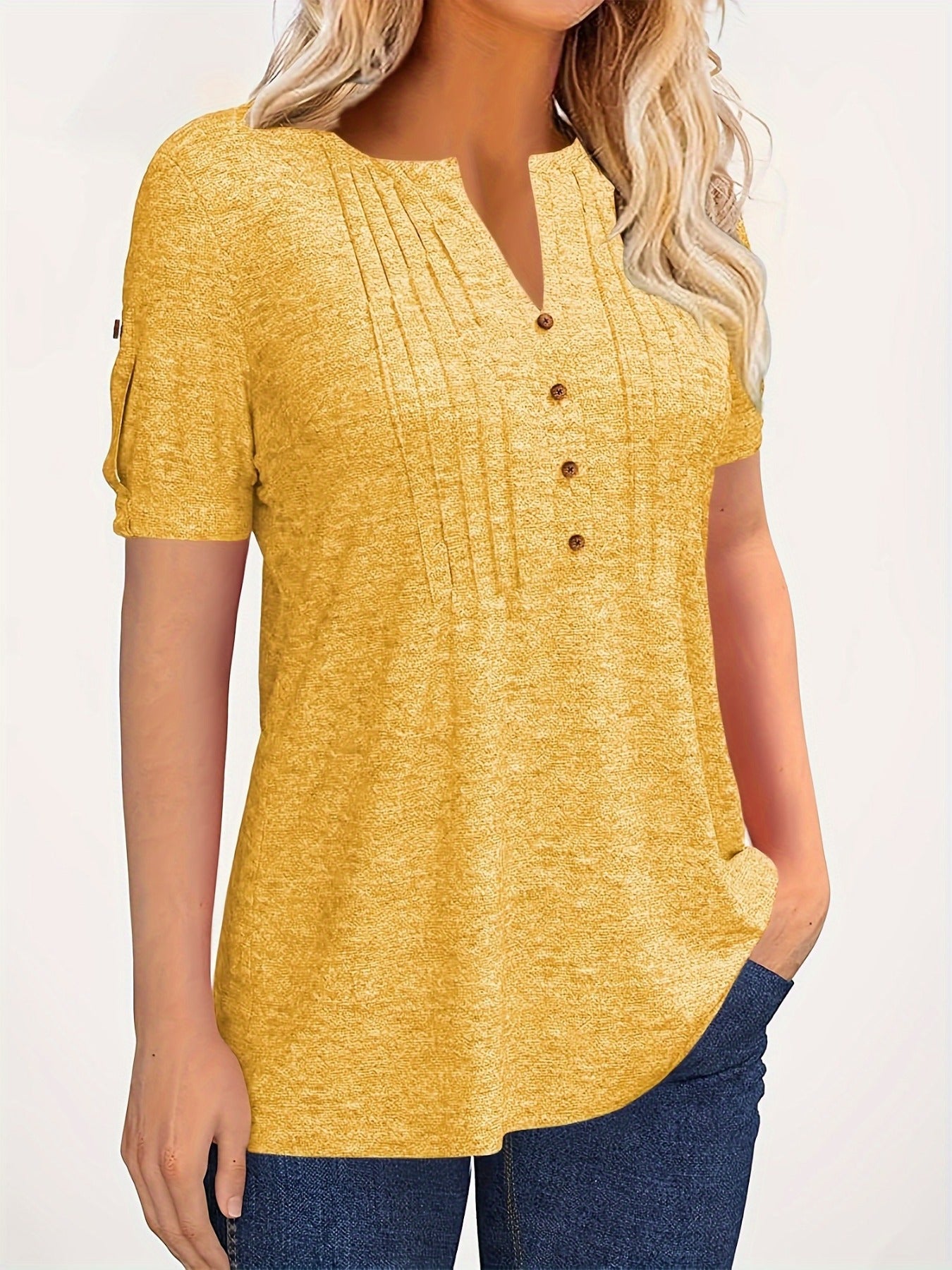 Women's Summer Casual V Neck Button Short Sleeve T Shirt