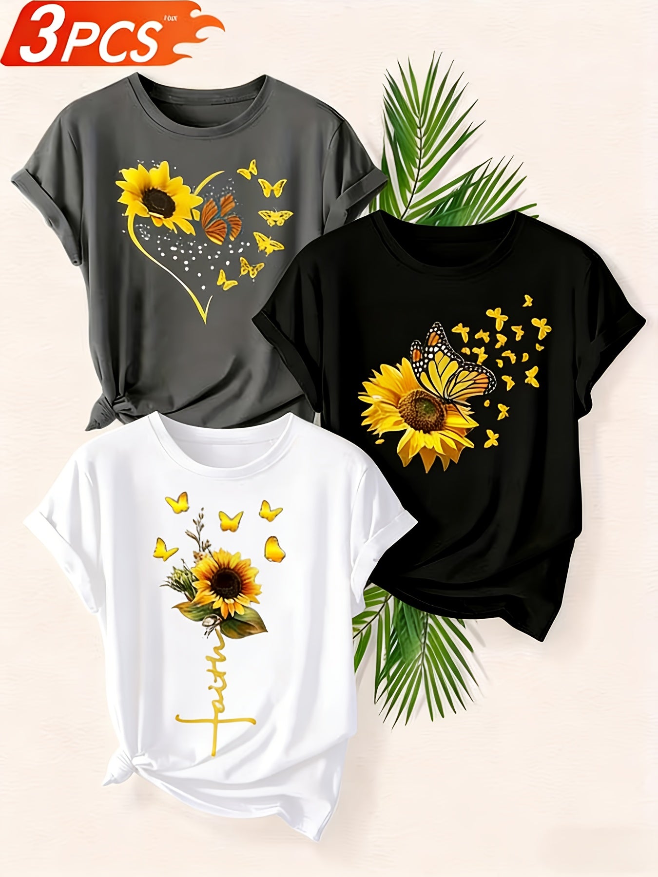 A Set of Three Women'S Casual Round-Neck T-Shirts in Black, White, And Gray | Fashionable Short-Sleeve Shirt with Sunflower And Butterfly Prints, Soft And Comfortable - The Perfect Exclusive Gift for St. Patrick'S Day/Easter