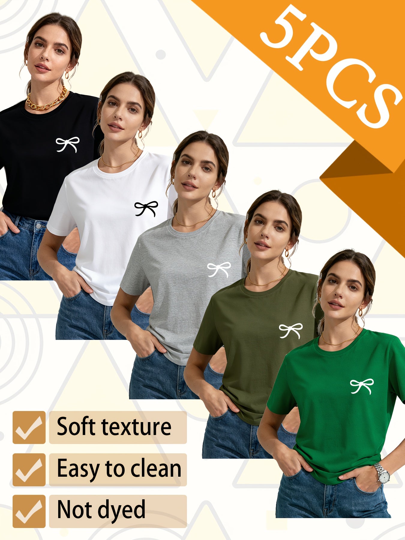 Set of 5 Trendy Women'S T-Shirts Suitable for All Seasons, Featuring Colorful Short Sleeves And a Playful Small Logo with a Bow. This Pack of Casual Tees, Made from 100% Pure