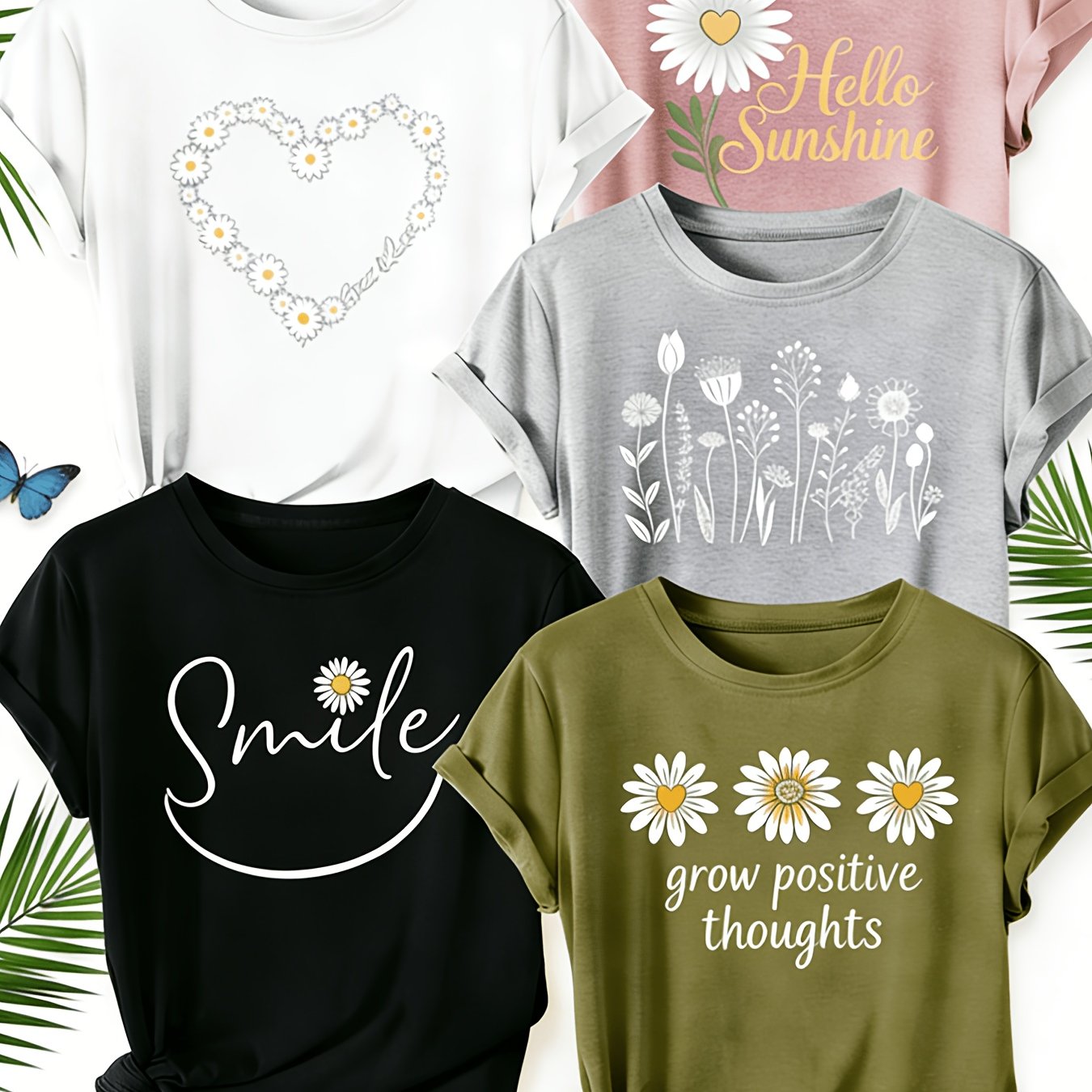 [Mother's Day Gift] 5pcs Set, 100% Breathable Women's Round-neck Printed T-shirt,. An Elegant And Casual Outfit, Comfortable And Breathable for Commuting, Suitable As A Gift for Your Wife Or Mother.