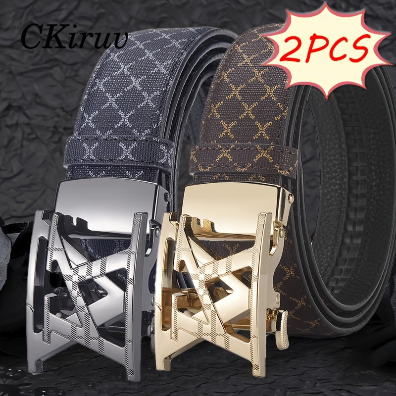 2pcs Unisex Luxury Automatic Buckle Belt | Luxurious Solid Color Alloy Buckle, Outstanding Texture, Wrinkle Resistant and Durable, Adjustable, Suitable for Business, Formal, Weddings, Casual Wear, Ideal Gift for Husbands and