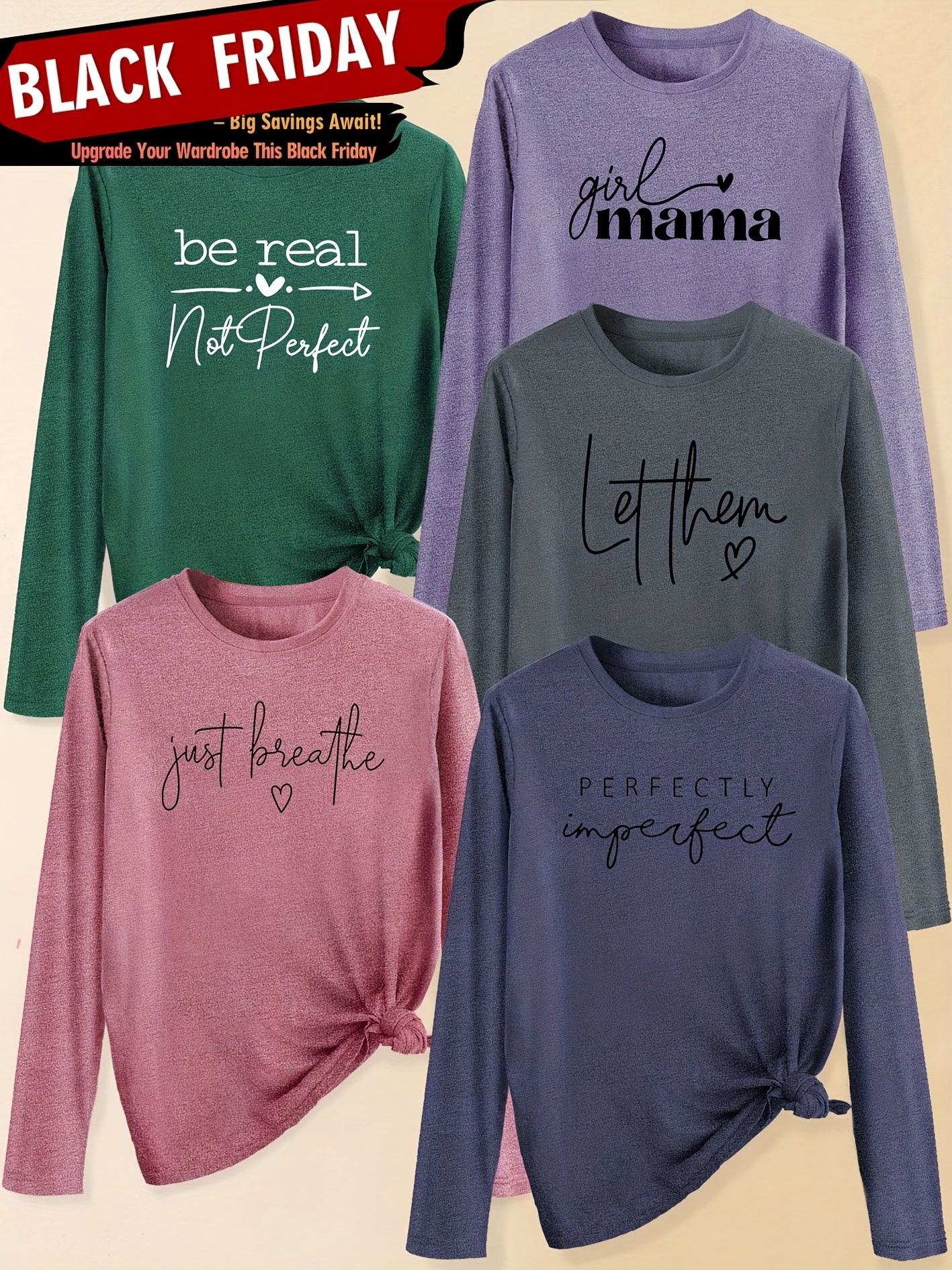 A Set of Five Women'S Long-Sleeve T-Shirts with Heart Letters, Featuring Slogan Prints And a Round Neck, Suitable for Spring, Summer, Autumn, And Winter. This Stylish And Versatile Top Is Perfect for Casual, Elegant, And Retr