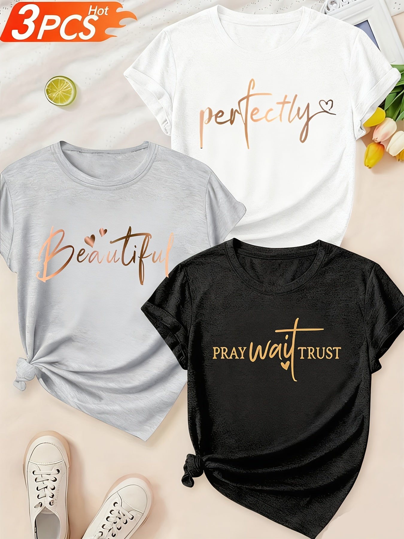 Alphabet Print Womens T Shirts Crew Neck Three Piece Set