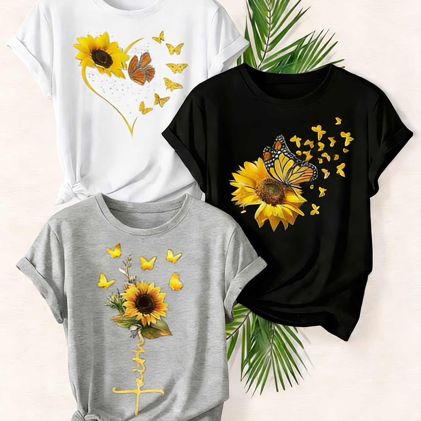 A Set of Three Women'S Casual Round-Neck T-Shirts in Black, White, And Gray | Fashionable Short-Sleeve Shirt with Sunflower And Butterfly Prints, Soft And Comfortable - The Perfect Exclusive Gift for St. Patrick'S Day/Easter