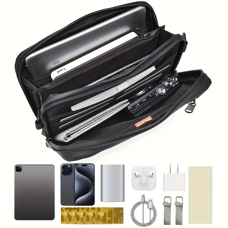 Men'S PU Crossbody Bag Featuring an Adjustable Strap And Waist Attachment - Multiple Compartments with Zipper Closure, Golden-Tone Hardware, And a Sleek Black Minimalist Design - Suitable for Both Casual And Formal Everyday U