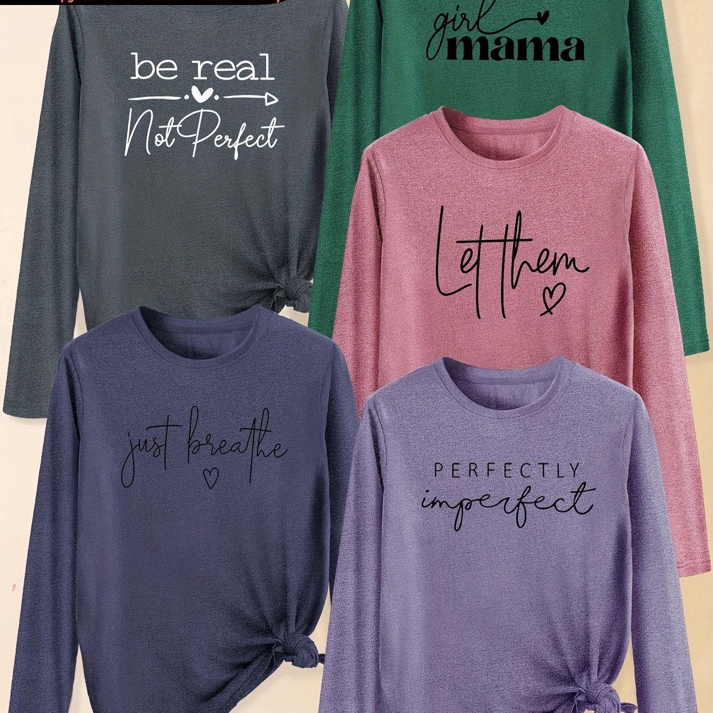 A Set of Five Women'S Long-Sleeve T-Shirts with Heart Letters, Featuring Slogan Prints And a Round Neck, Suitable for Spring, Summer, Autumn, And Winter. This Stylish And Versatile Top Is Perfect for Casual, Elegant, And Retr