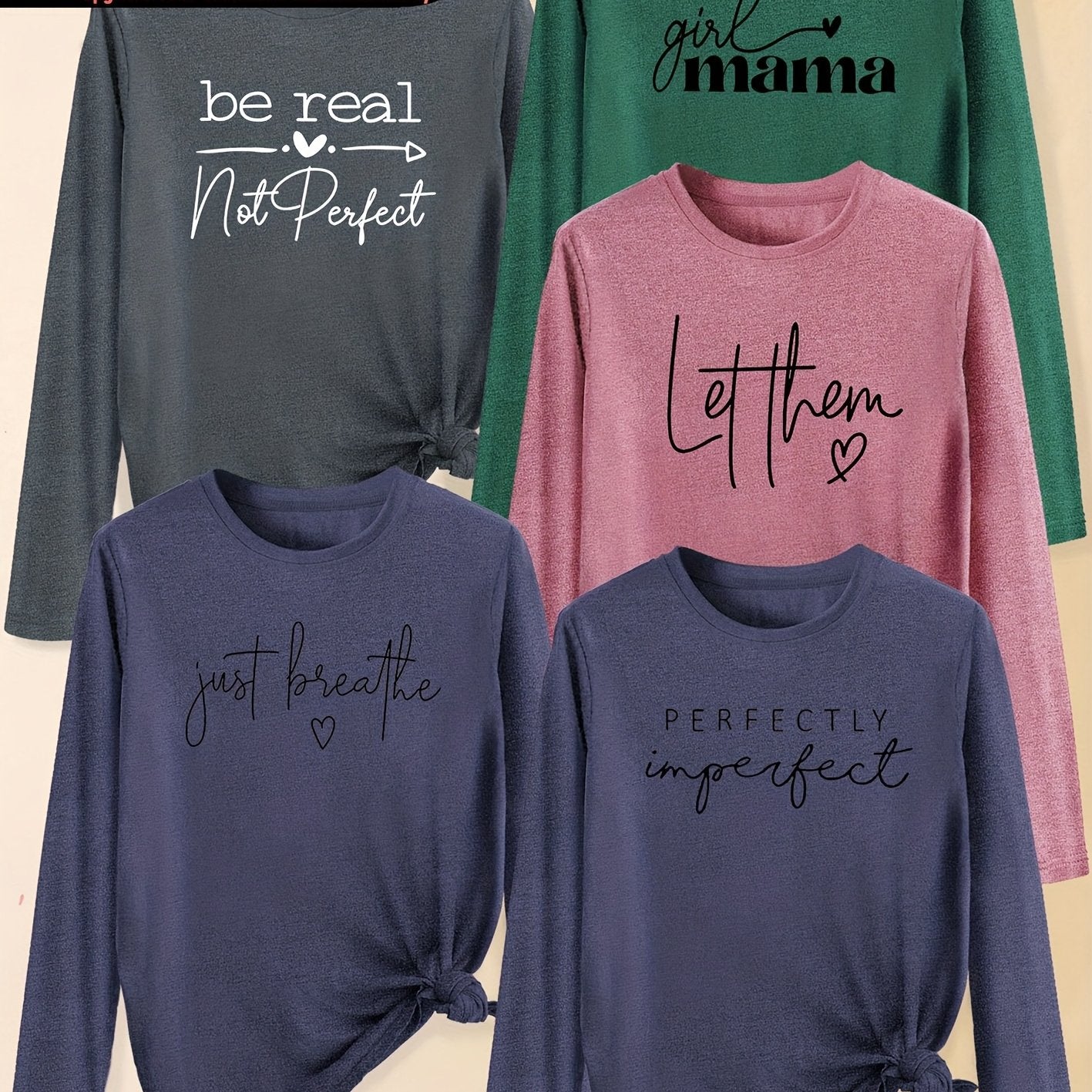 A Set of Five Women'S Long-Sleeve T-Shirts with Heart Letters, Featuring Slogan Prints And a Round Neck, Suitable for Spring, Summer, Autumn, And Winter. This Stylish And Versatile Top Is Perfect for Casual, Elegant, And Retr
