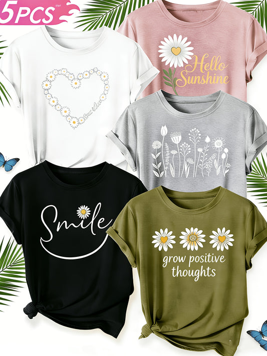[Mother's Day Gift] 5pcs Set, 100% Breathable Women's Round-neck Printed T-shirt,. An Elegant And Casual Outfit, Comfortable And Breathable for Commuting, Suitable As A Gift for Your Wife Or Mother.