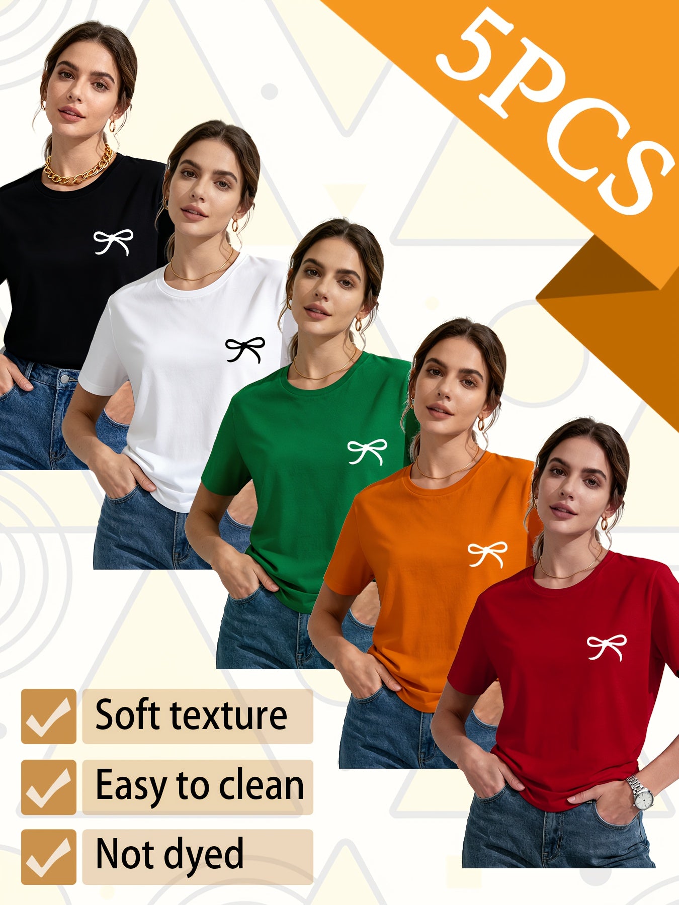 Set of 5 Trendy Women'S T-Shirts Suitable for All Seasons, Featuring Colorful Short Sleeves And a Playful Small Logo with a Bow. This Pack of Casual Tees, Made from 100% Pure