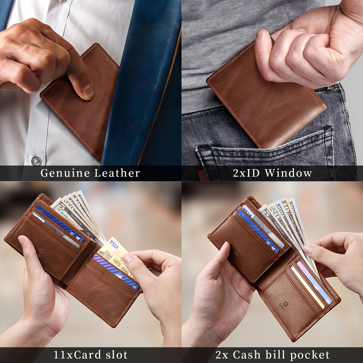 Handcrafted Vintage Bifold Wallet for Men - GSOIAX Premium Crazy Horse Faux Leather | 11 Card Slots + 2 ID Compartments + 2 Cash Sections | RFID Protection | Perfect Gift
