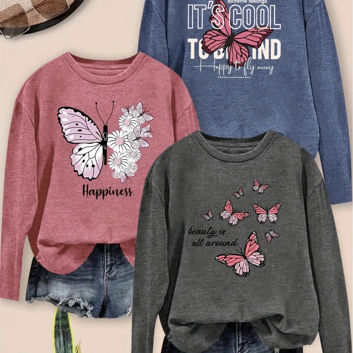 3pcs Fashion Romantic Colorful Butterfly Flower Print Pattern Round Neck Elegant Women's Long Sleeve T-Shirt Casual Style Spring Summer Autumn Winter Commuting Daily Versatile Retro Style Top Set Sister Outfit Family Outfit M