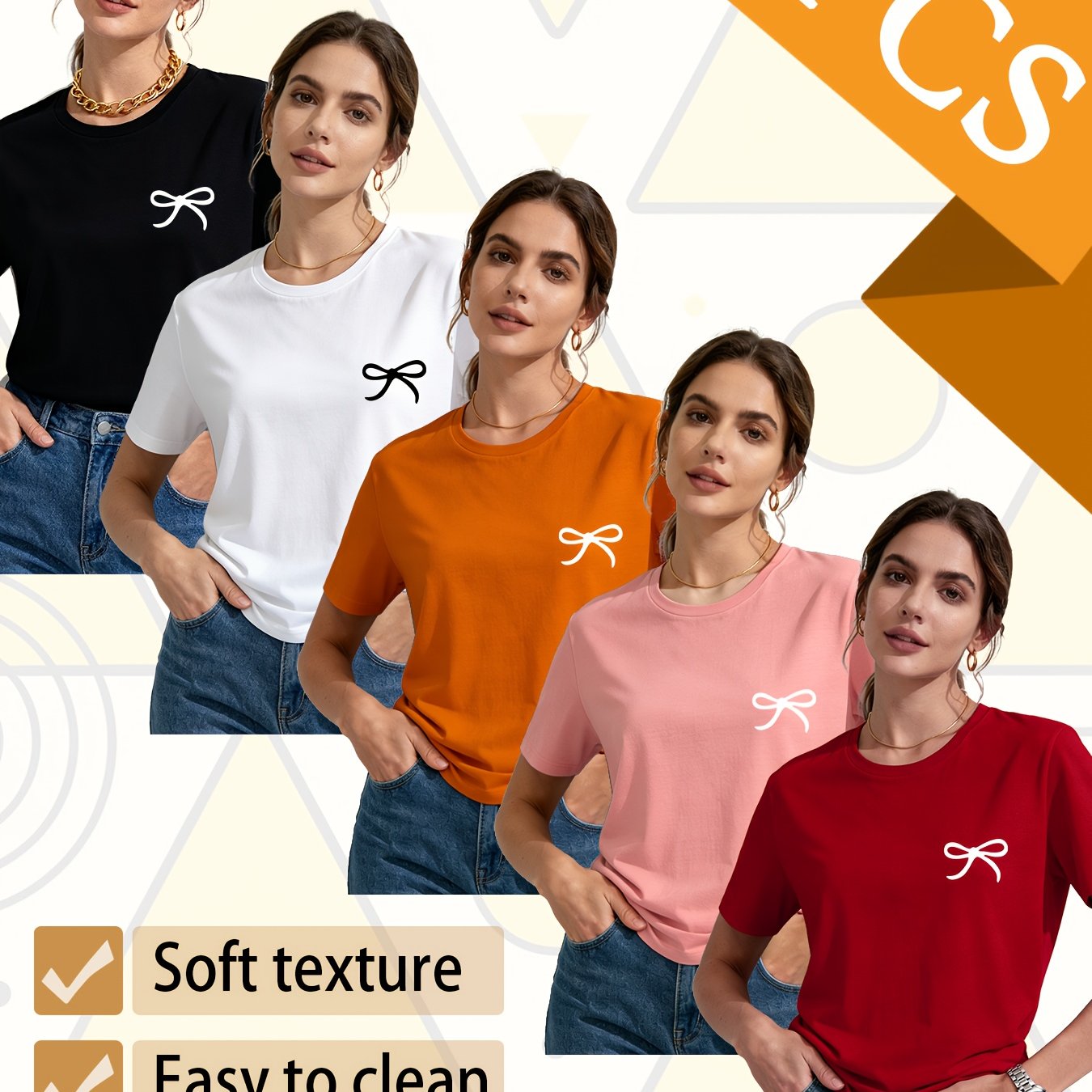 Set of 5 Trendy Women'S T-Shirts Suitable for All Seasons, Featuring Colorful Short Sleeves And a Playful Small Logo with a Bow. This Pack of Casual Tees, Made from 100% Pure