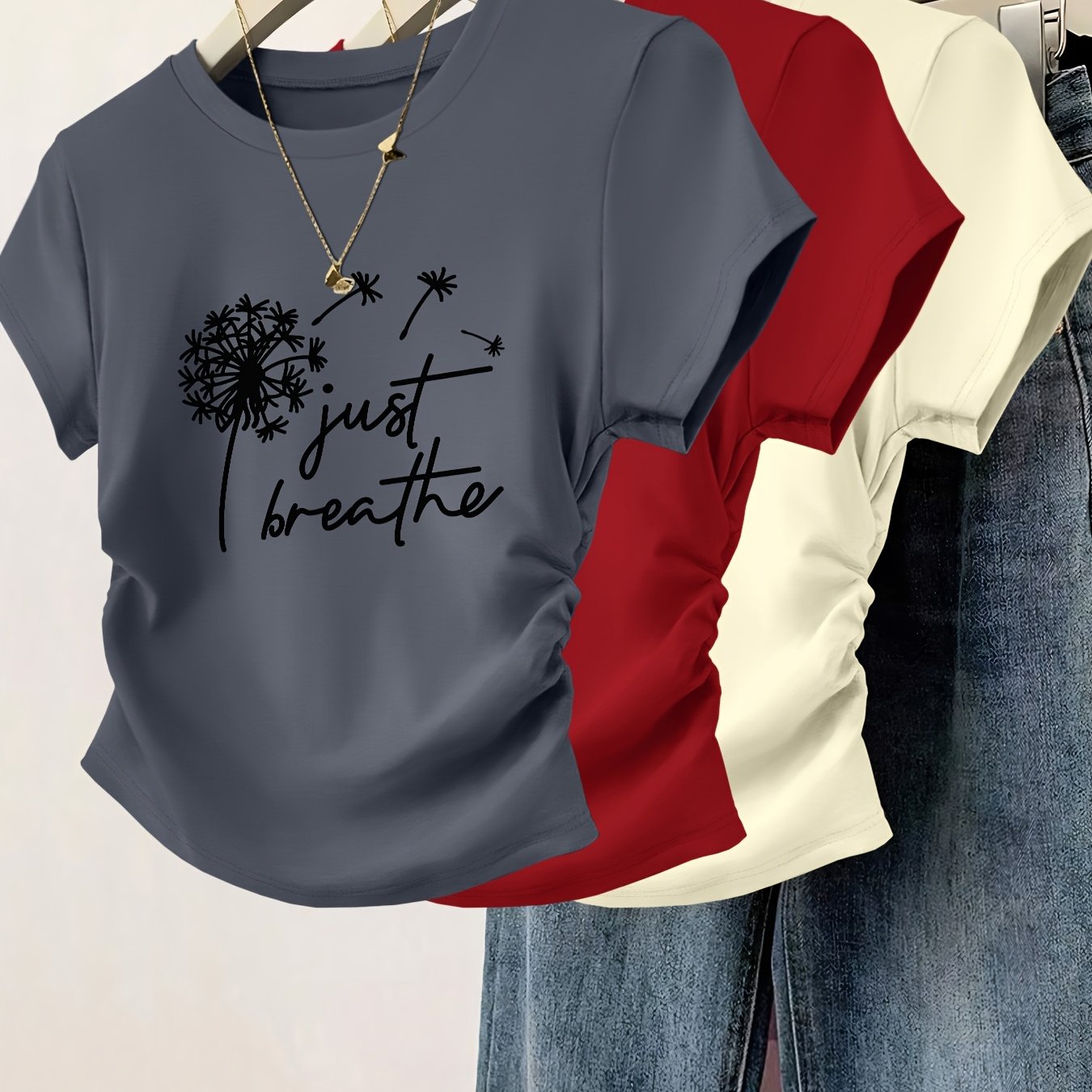 3pcs Women's Slim Fit Cinched Waist Pleated Short Sleeve T-Shirts - Geometric Print Round Neck Casual Tees, Red Grey Blue, Machine Washable Spring Summer Tops, Ladies T Shirts, Everyday Fashion, Smooth Texture Fabric, Seasona