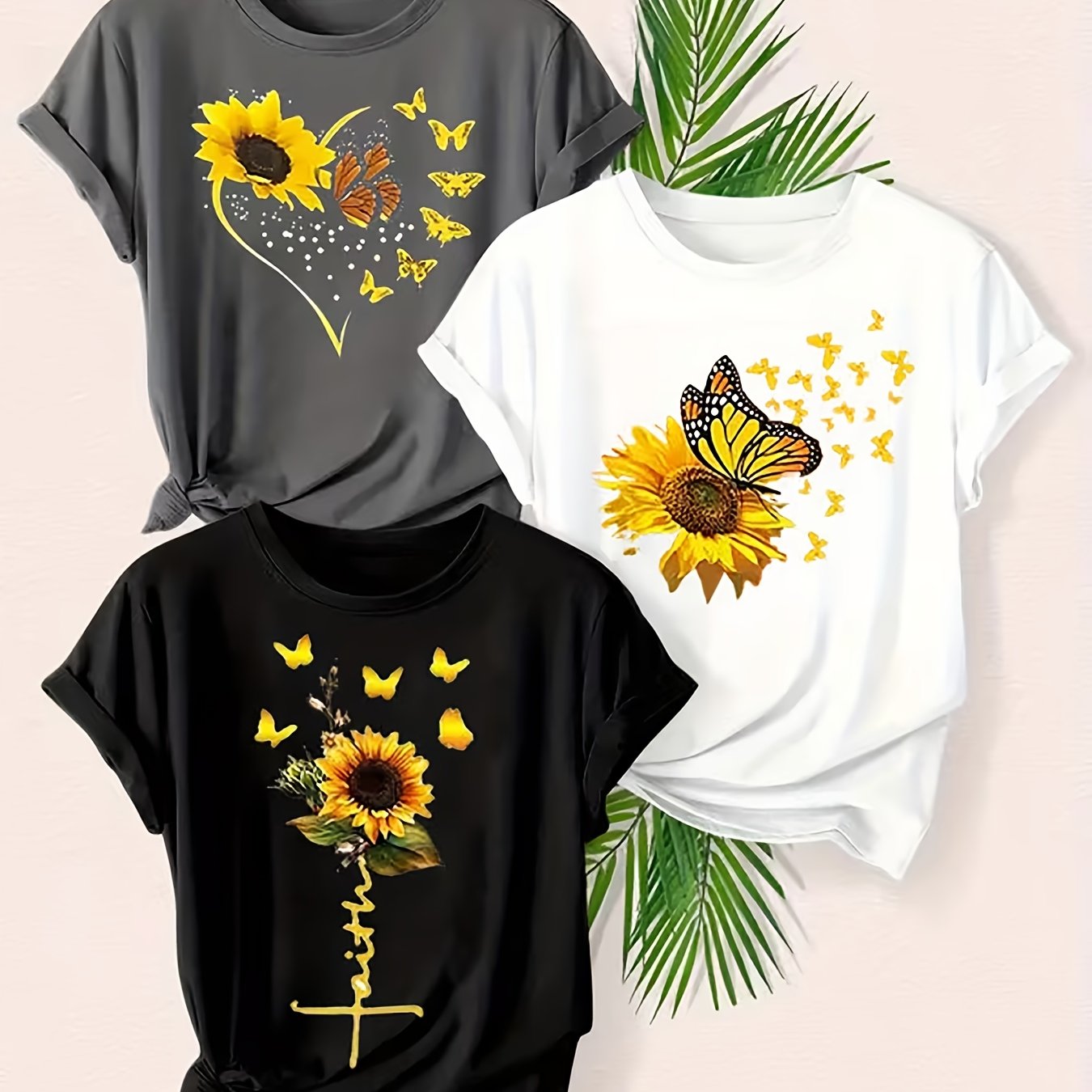 A Set of Three Women'S Casual Round-Neck T-Shirts in Black, White, And Gray | Fashionable Short-Sleeve Shirt with Sunflower And Butterfly Prints, Soft And Comfortable - The Perfect Exclusive Gift for St. Patrick'S Day/Easter