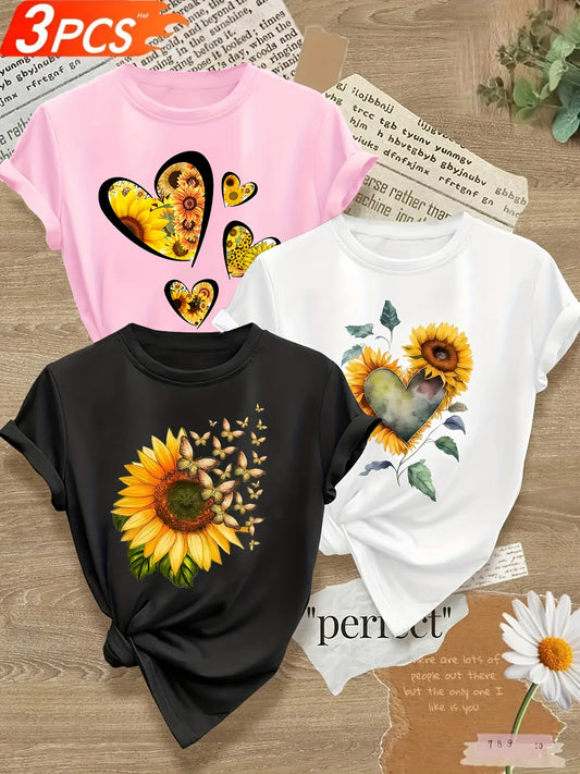 Sunflower Print Crew Neck Women T Shirt All Season Stretch Knit