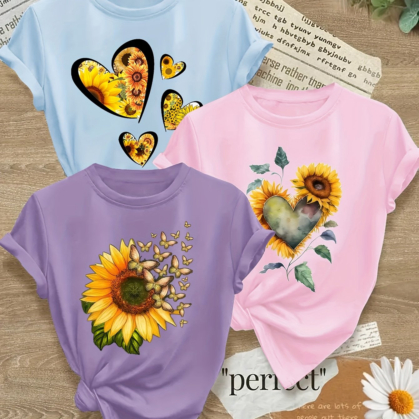 Sunflower Print Crew Neck Women T Shirt All Season Stretch Knit