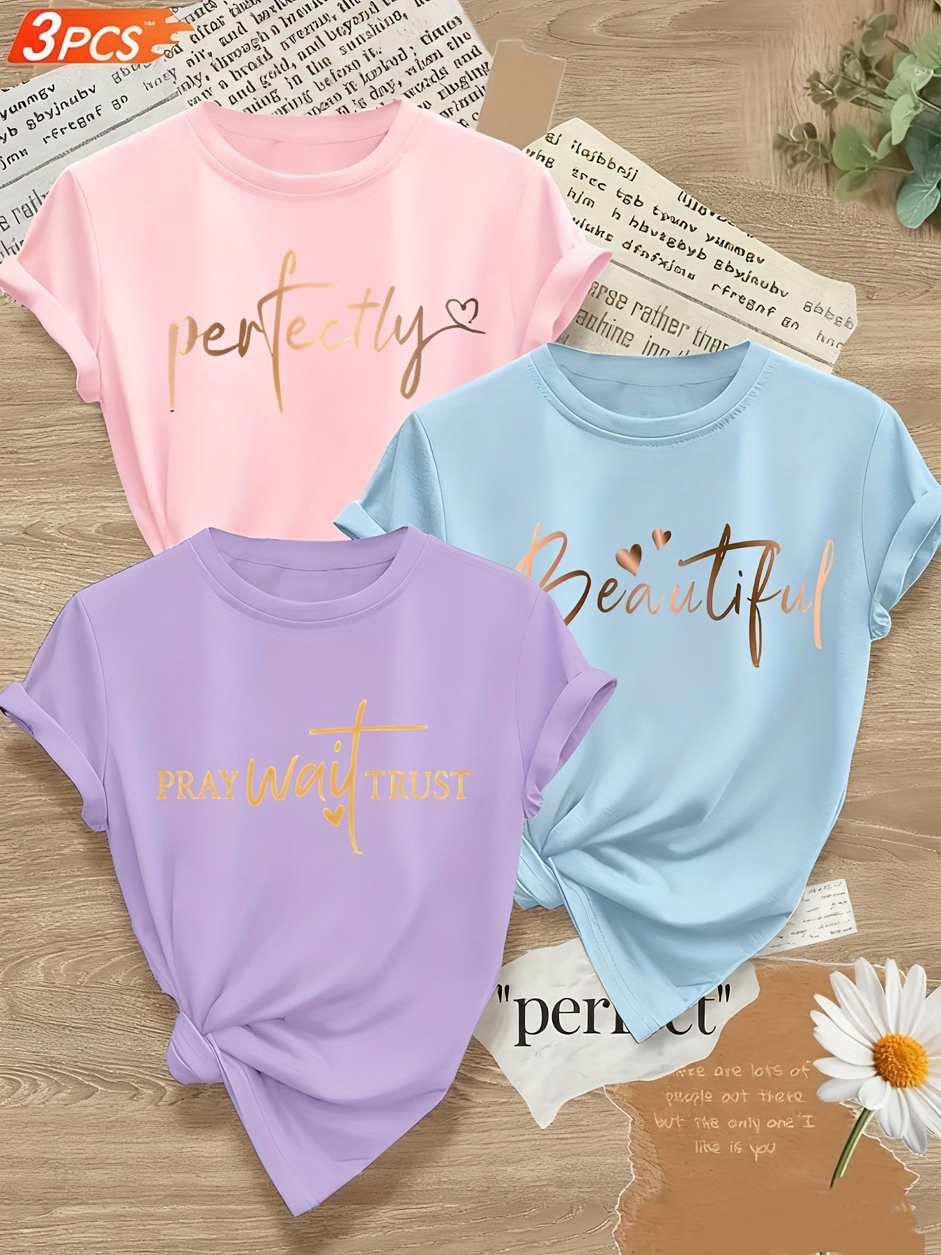 Alphabet Print Womens T Shirts Crew Neck Three Piece Set