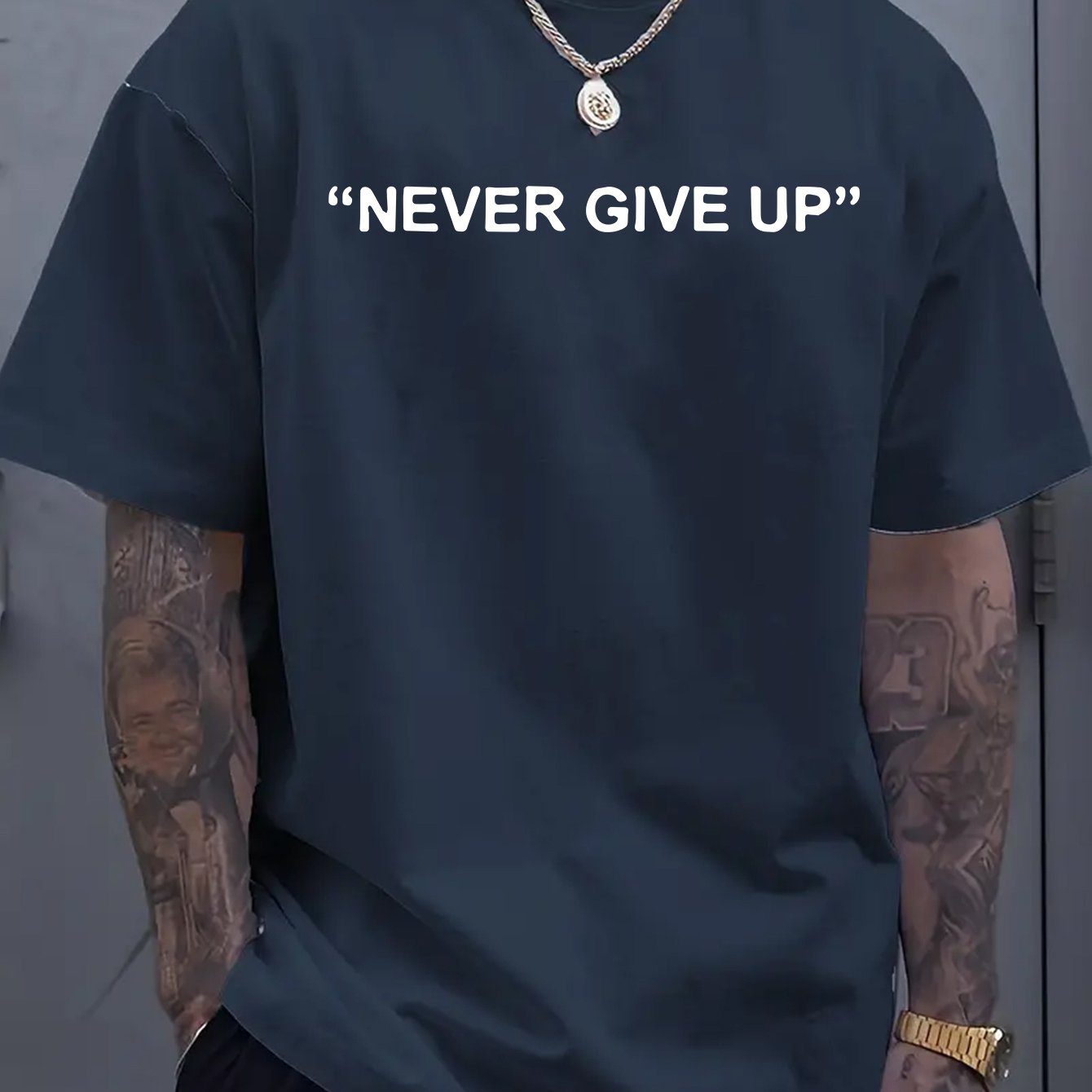 1pc of "Never Give Up" Printed T-Shirt - Men'S Round Neck Short Sleeved Shirt, Casual All Season Knitted Fabric, Slightly Elastic, Breathable And Suitable for Adult Multifunctional Design