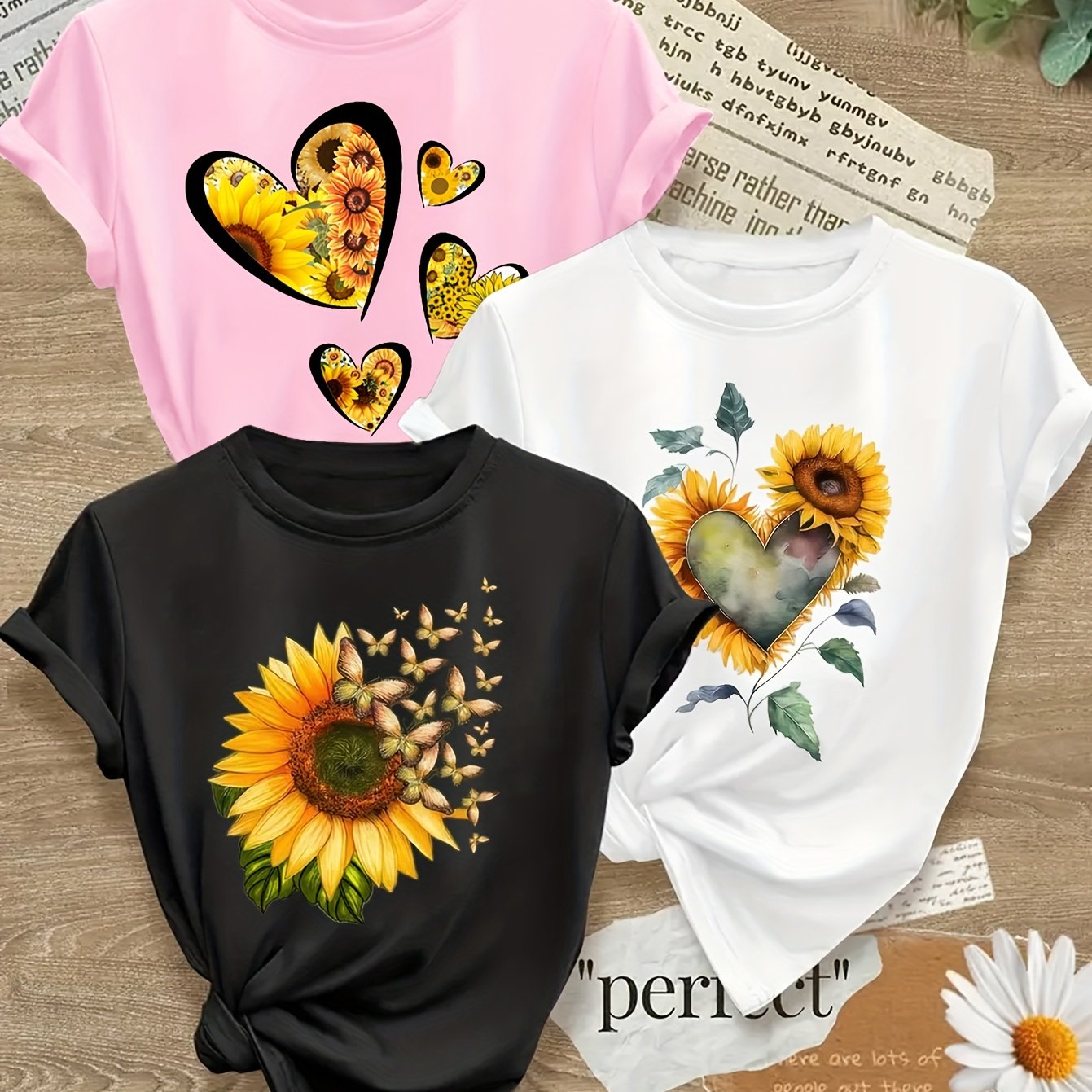 Sunflower Print Crew Neck Women T Shirt All Season Stretch Knit
