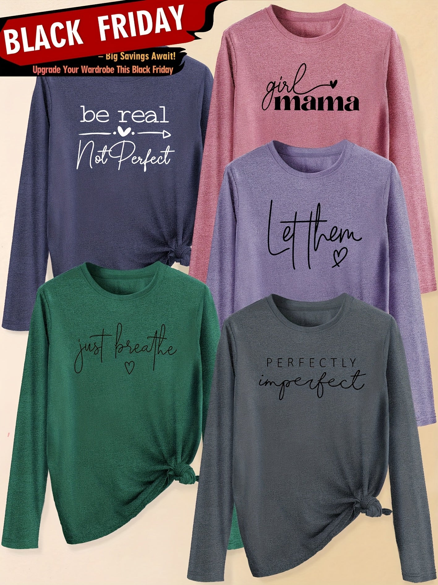 A Set of Five Women'S Long-Sleeve T-Shirts with Heart Letters, Featuring Slogan Prints And a Round Neck, Suitable for Spring, Summer, Autumn, And Winter. This Stylish And Versatile Top Is Perfect for Casual, Elegant, And Retr