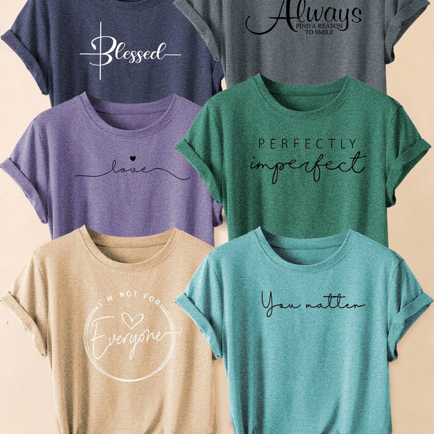 Set of 6 Women'S Short-Sleeve T-Shirts: Blessed, Always, Love, Perfectly Imperfect, I'M Not for Everyone, You Matter Print | Fashionable for Commuting, Vacations, Or Everyday Wear, Versatile Casual Tee | Machine Washable, Sui