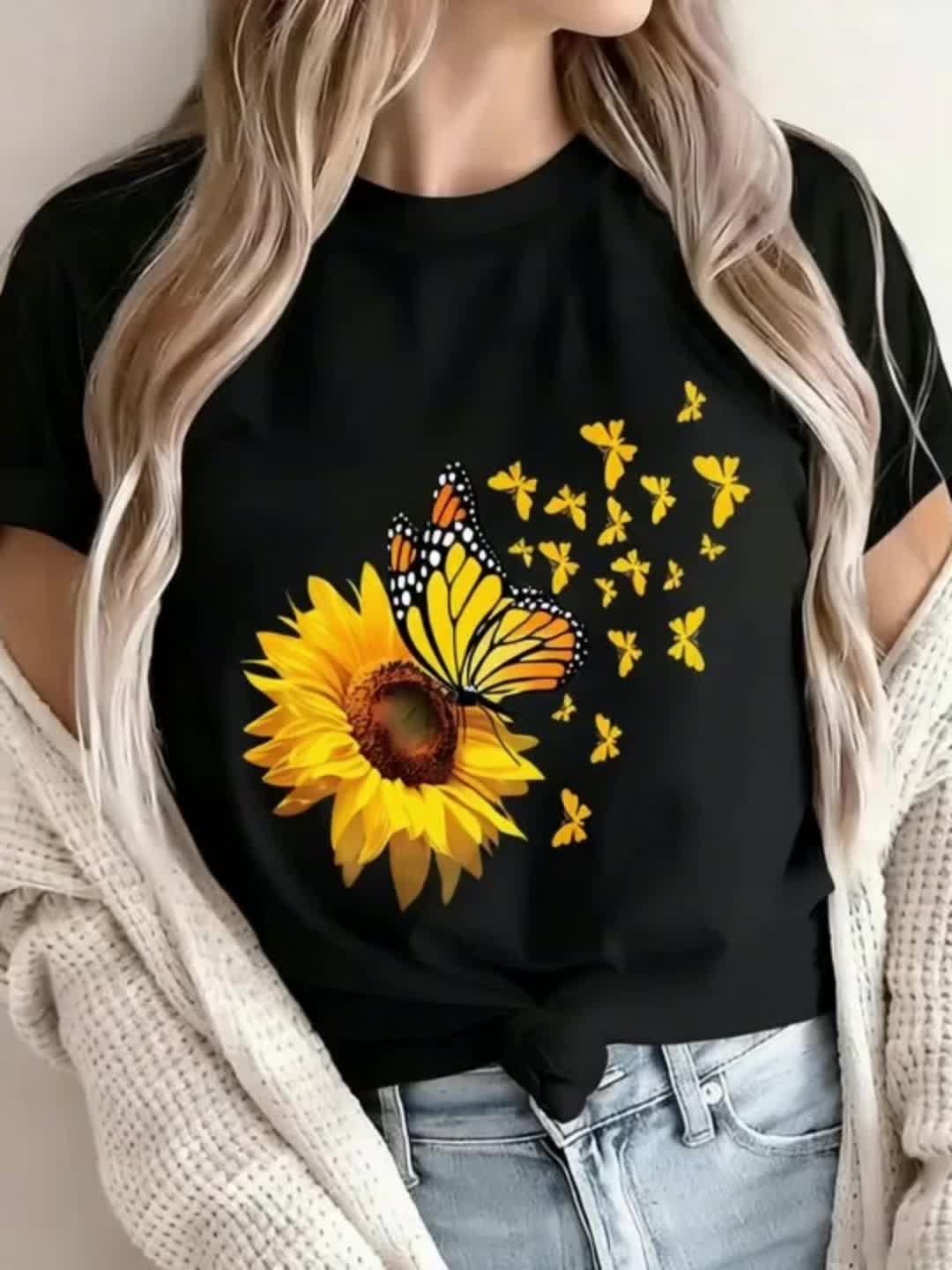 A Set of Three Women'S Casual Round-Neck T-Shirts in Black, White, And Gray | Fashionable Short-Sleeve Shirt with Sunflower And Butterfly Prints, Soft And Comfortable - The Perfect Exclusive Gift for St. Patrick'S Day/Easter
