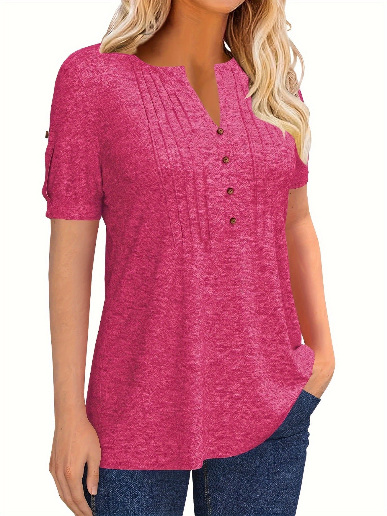 Women's Summer Casual V Neck Button Short Sleeve T Shirt