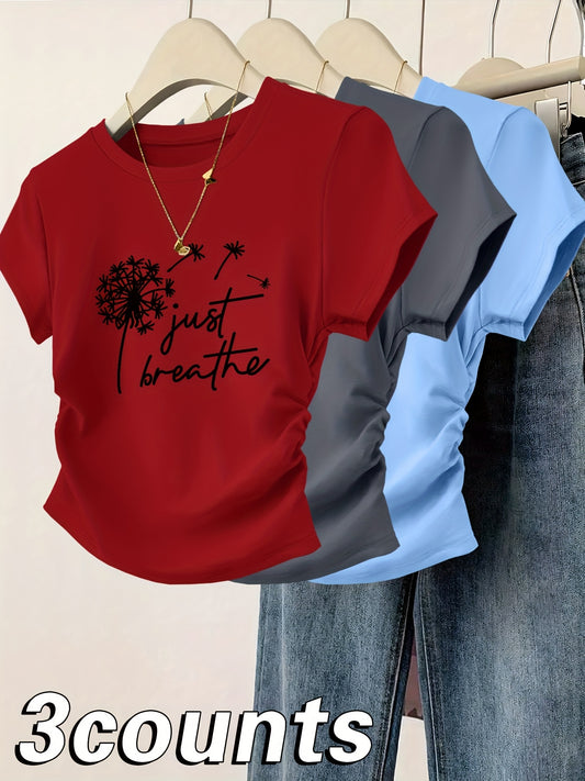 3pcs Women's Slim Fit Cinched Waist Pleated Short Sleeve T-Shirts - Geometric Print Round Neck Casual Tees, Red Grey Blue, Machine Washable Spring Summer Tops, Ladies T Shirts, Everyday Fashion, Smooth Texture Fabric, Seasona