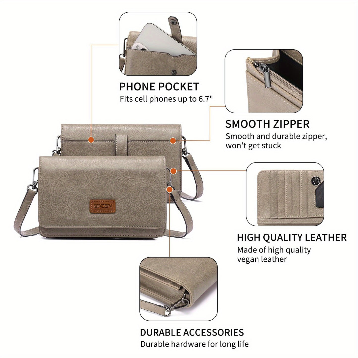 SENDEFN RFID Crossbody Bag Vegan Leather Wallet For Women