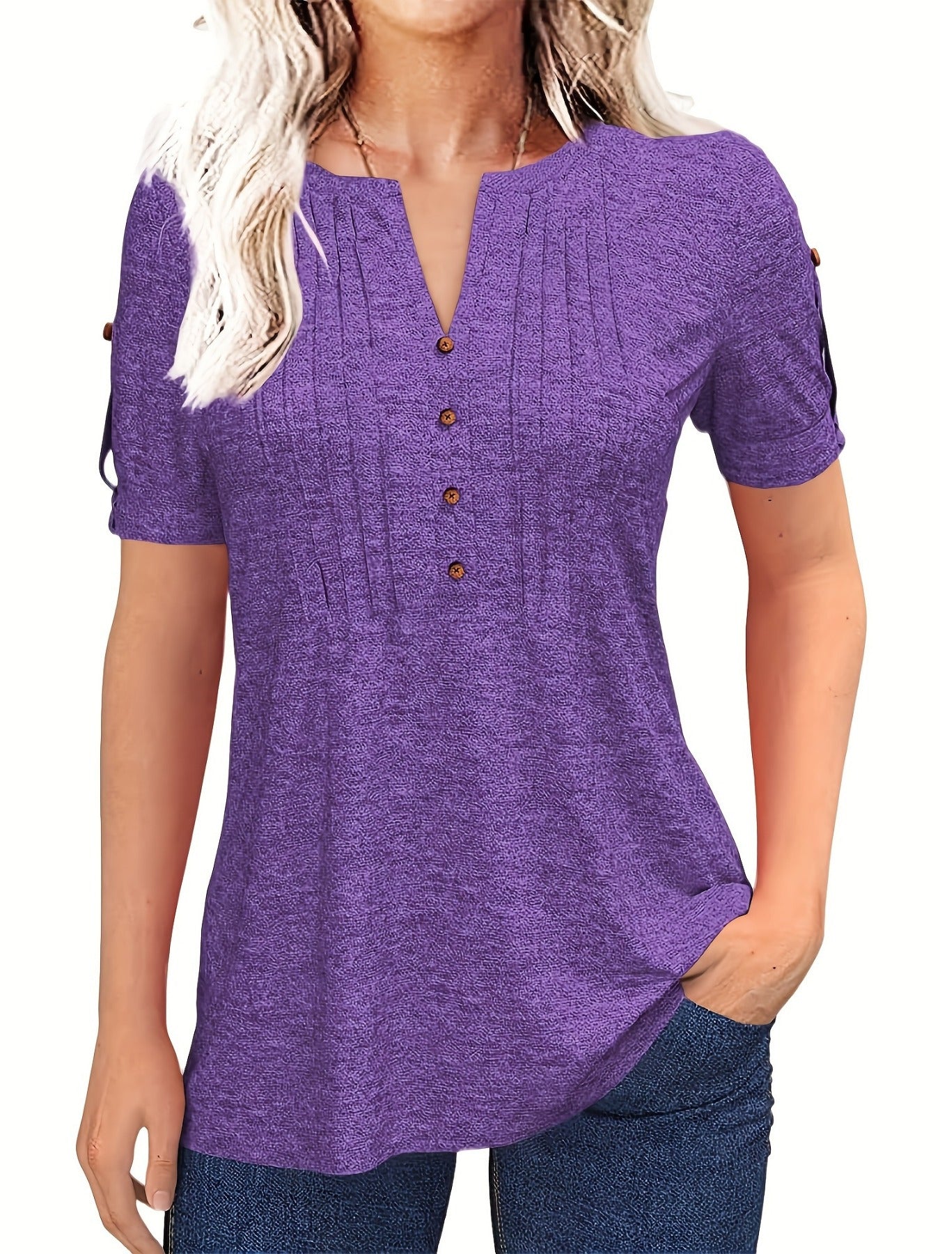 Women's Summer Casual V Neck Button Short Sleeve T Shirt