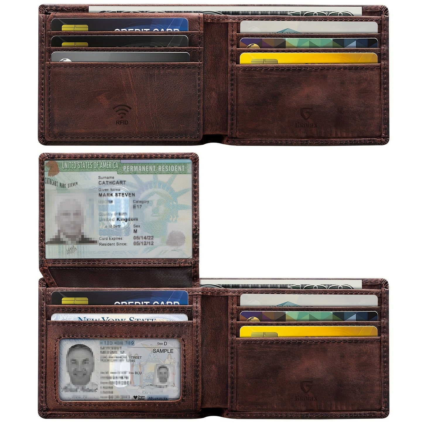 Handcrafted Vintage Bifold Wallet for Men - GSOIAX Premium Crazy Horse Faux Leather | 11 Card Slots + 2 ID Compartments + 2 Cash Sections | RFID Protection | Perfect Gift