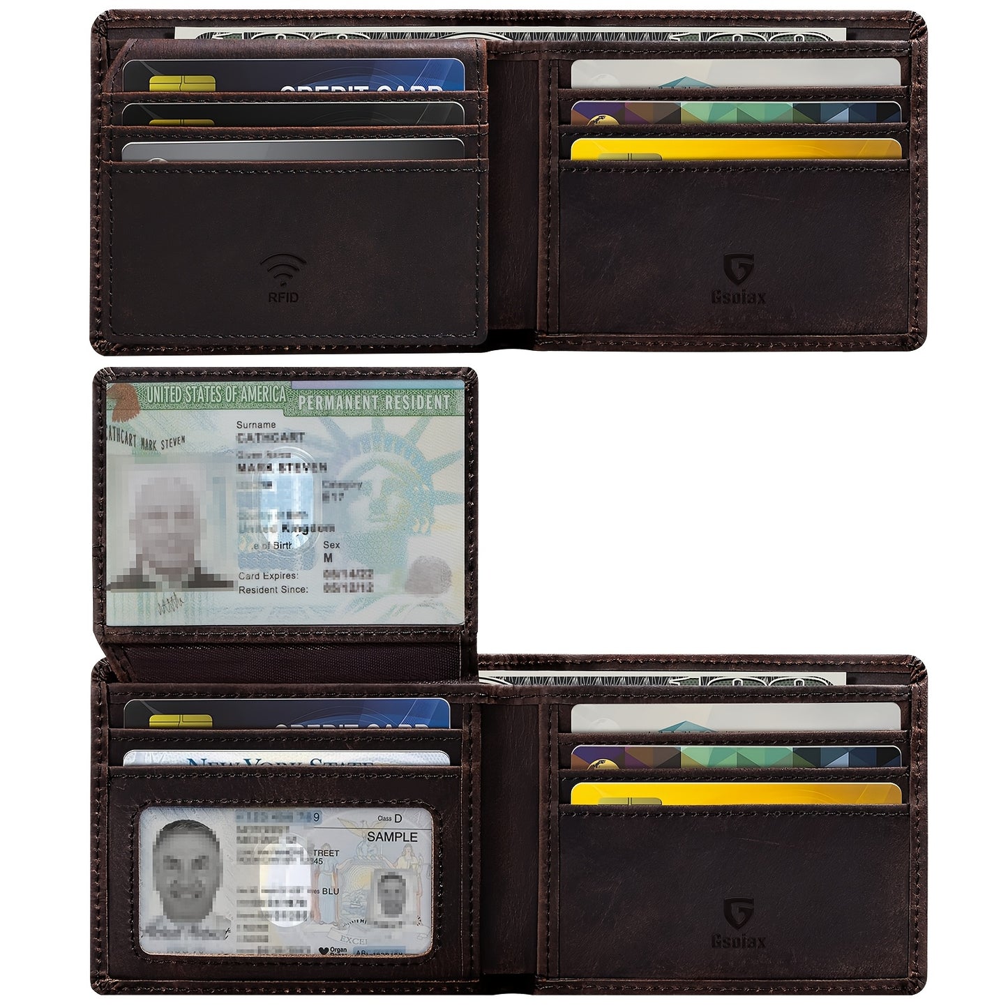 Handcrafted Vintage Bifold Wallet for Men - GSOIAX Premium Crazy Horse Faux Leather | 11 Card Slots + 2 ID Compartments + 2 Cash Sections | RFID Protection | Perfect Gift