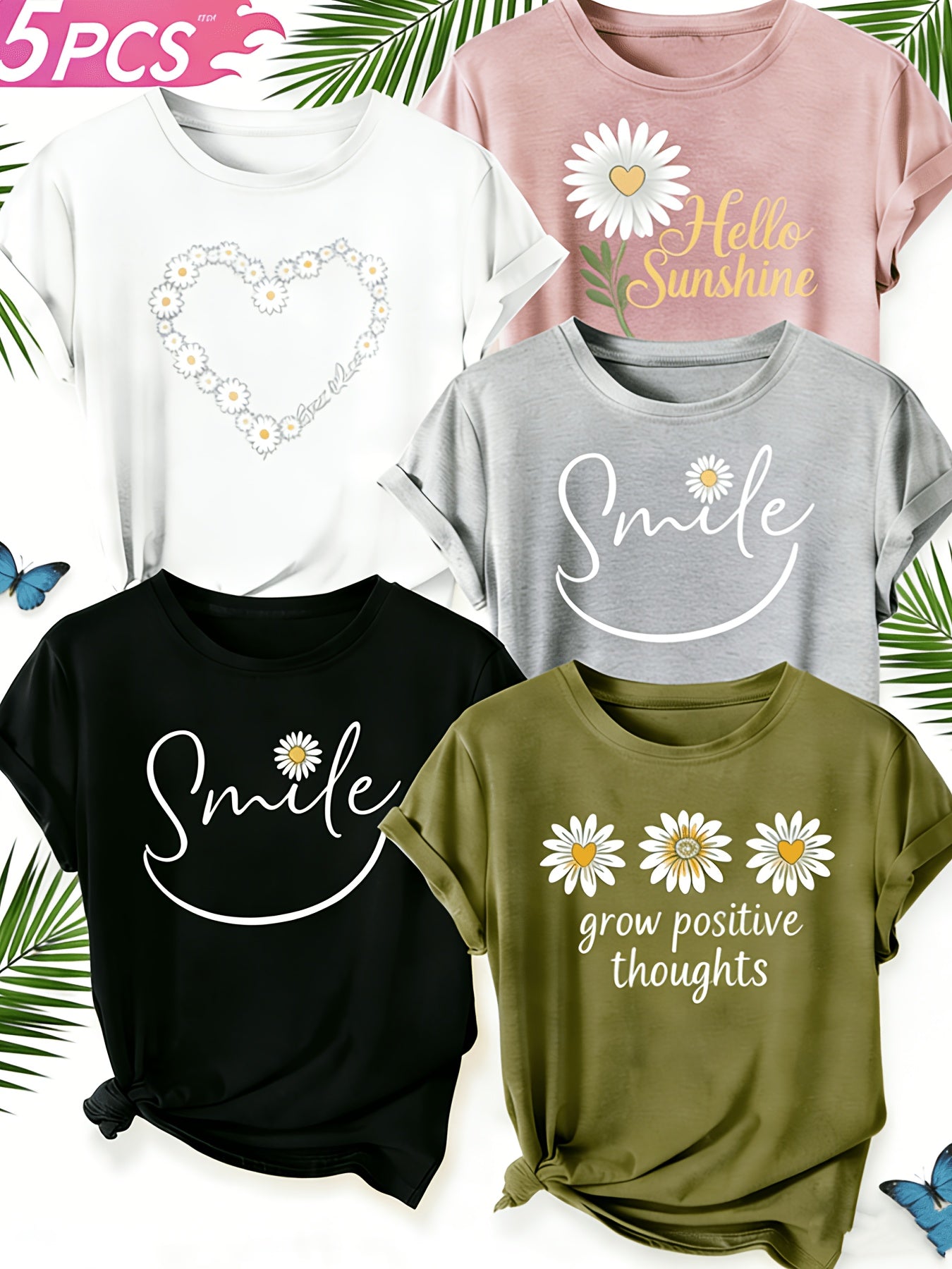 [Mother's Day Gift] 5pcs Set, 100% Breathable Women's Round-neck Printed T-shirt,. An Elegant And Casual Outfit, Comfortable And Breathable for Commuting, Suitable As A Gift for Your Wife Or Mother.