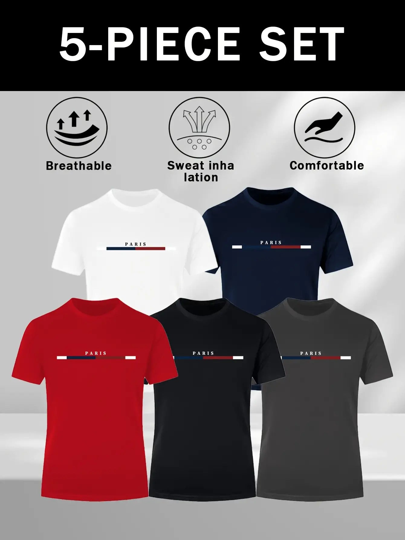 5pcs Men's Moisture-Wicking Short Sleeve T-Shirts, Paris Letter Print and Striped Collar Design- 5 Colors Available, Suitable for Summer Outdoor, Beach, Training, and Casual Wear, Comfortable Fit